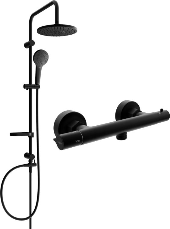 Zestaw prysznicowy Mexen Mexen Erik zestaw prysznicowy natynkowy z deszczownicą i baterią prysznicową termostatyczną Slim, czarny - 77105205-70