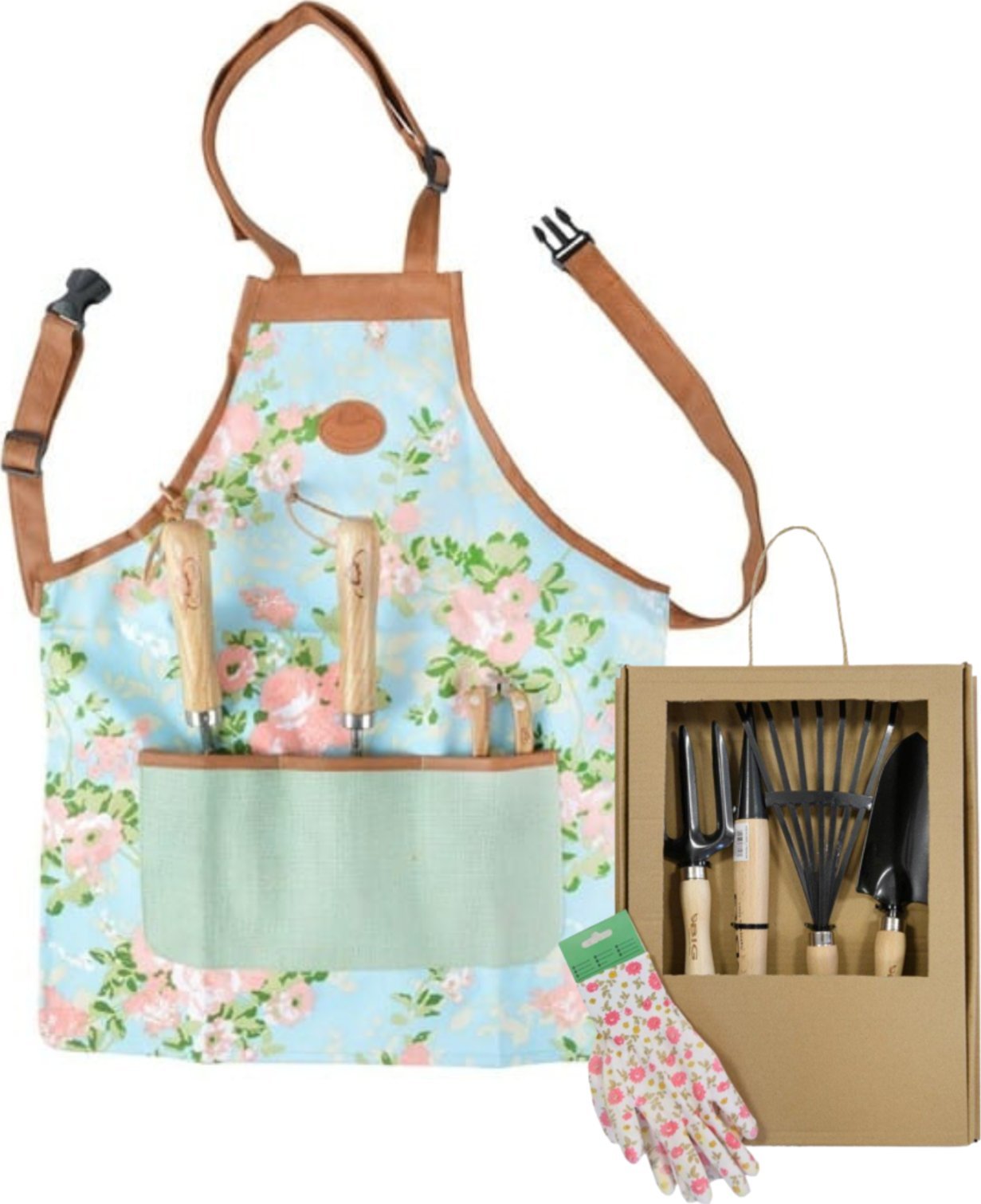Fartuch ogrodowy + zestaw narzędzi Łopatka Pikownik Grabie