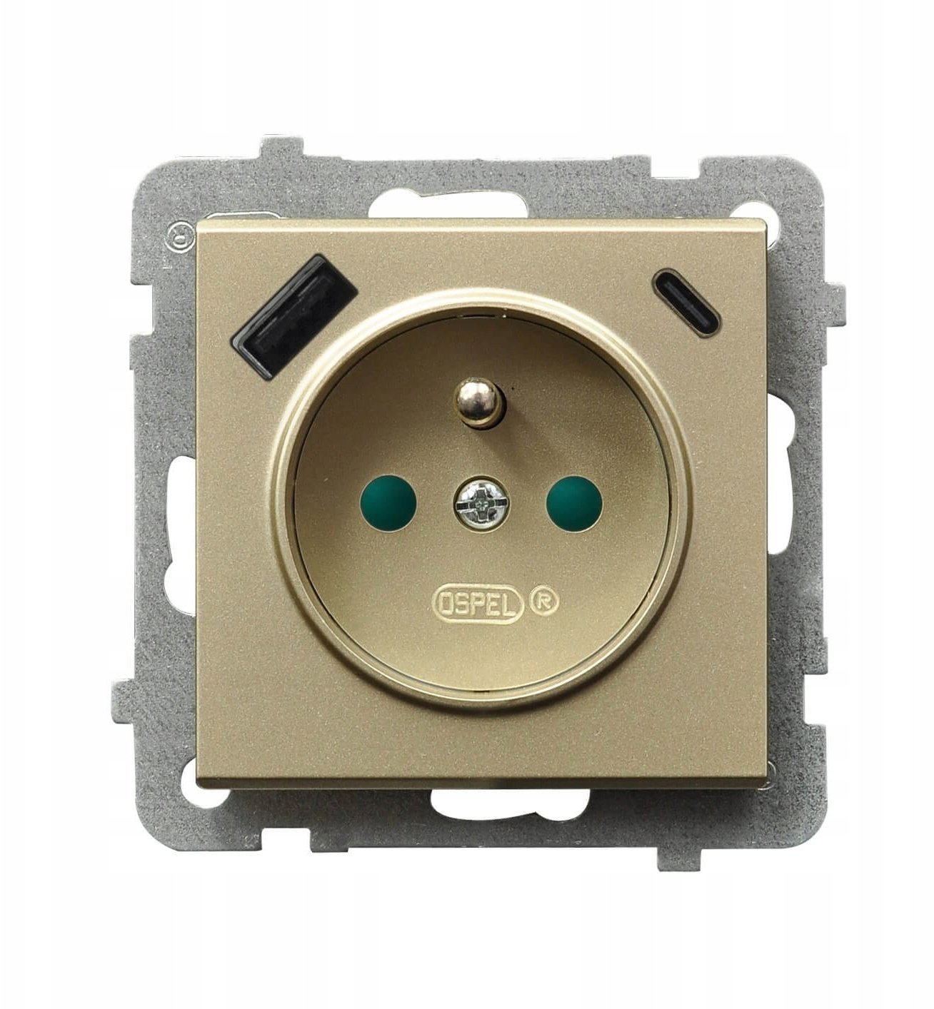 SONATA Gniazdo pojedyncze z uziemieniem z przesłonami torów prądowych, z ładowarką USB A+C szampański złoty GP-1RZPUSBAC/m/39