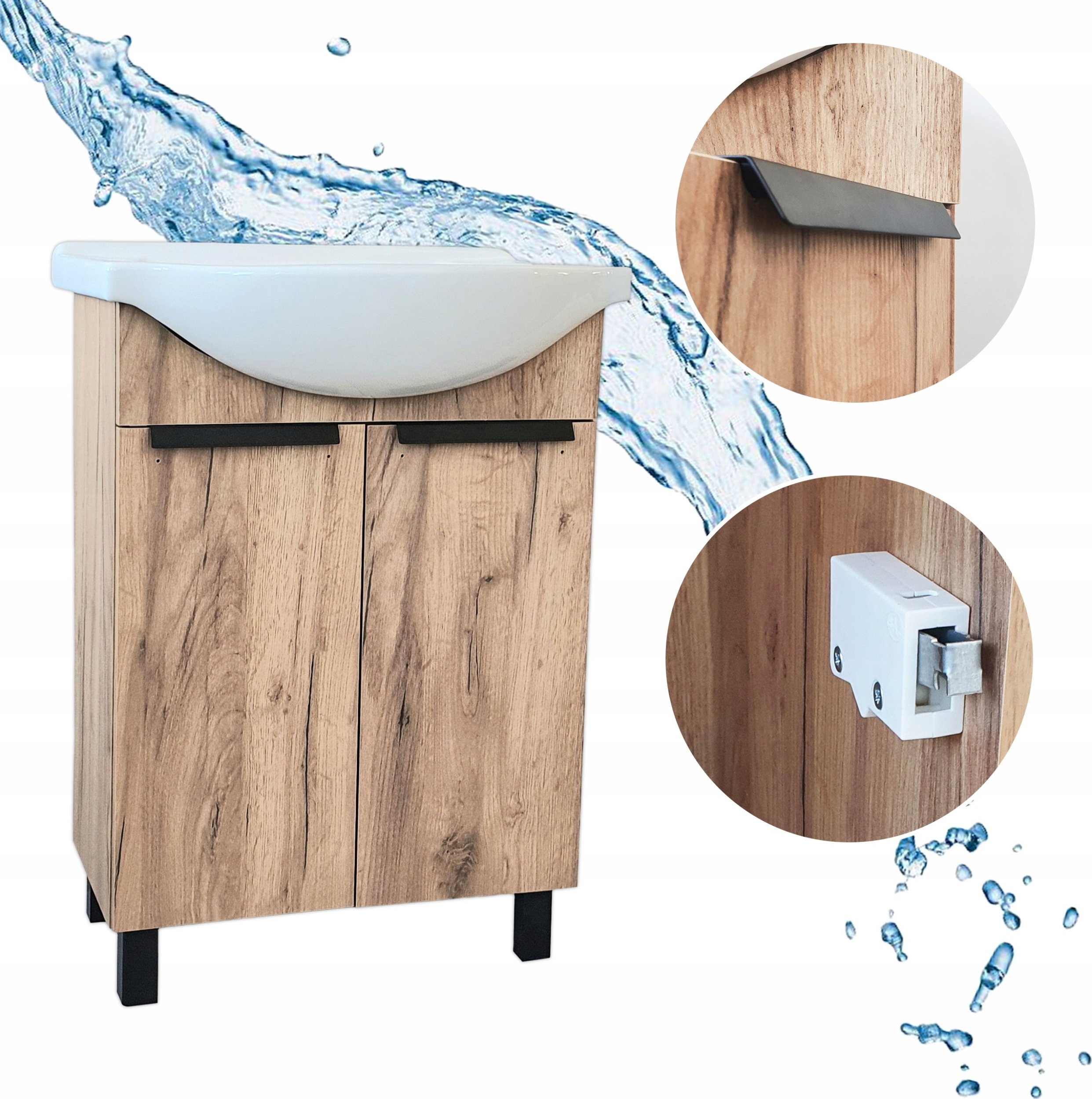 Stamar Szafka Stojąca do Łazienki Dąb Złoty z Umywalką 60 Uchwyty Czarne Metalowe