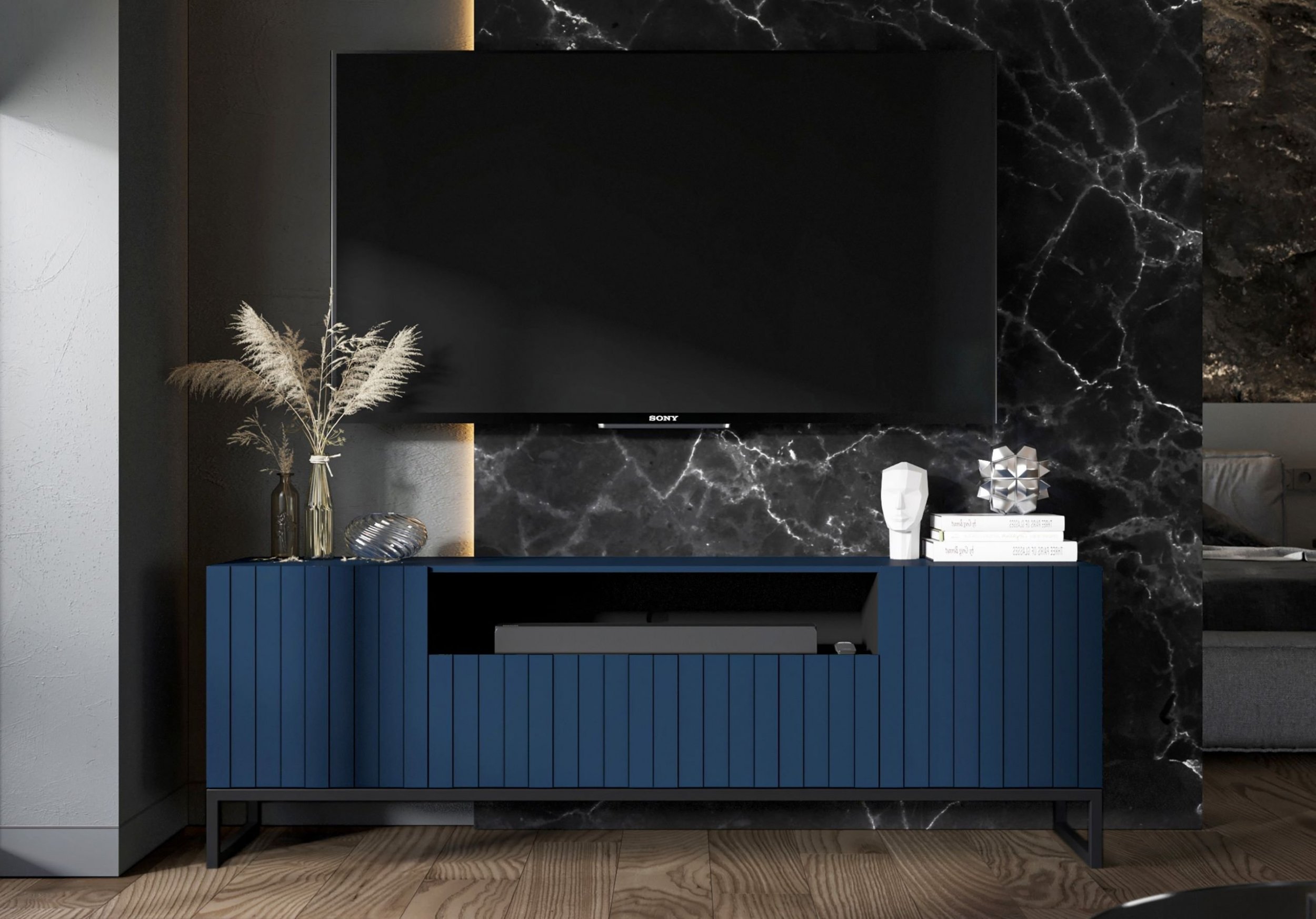 Meble Lindner Szafka RTV Glamour Komoda RTV Granatowy MAT 150 cm Loft Industrialna Rama Czarna