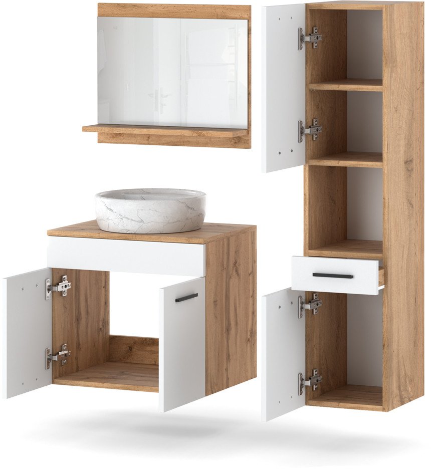 Meble Łazienkowe Słupek Szafka Umywalka Z Lustrem 90cm Wotan Biały Połysk