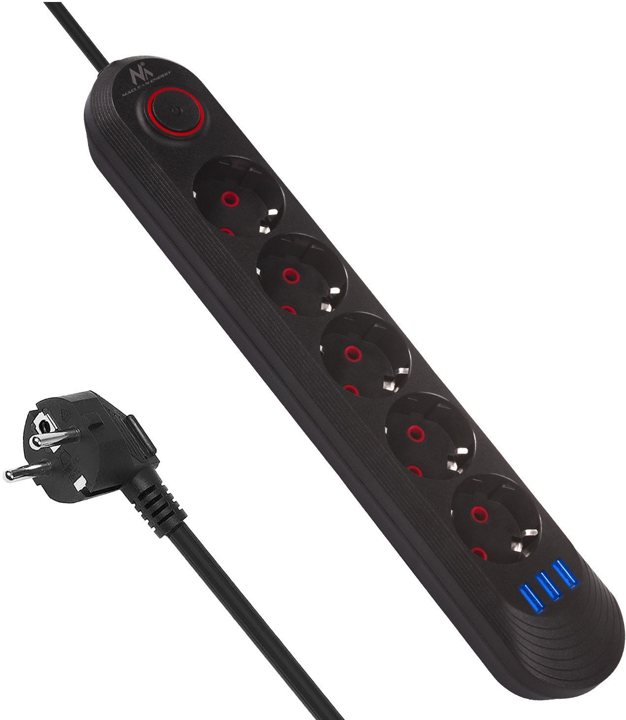 Listwa zasilająca Maclean, przedłużacz 5 gniazd + 3xUSB, 110-240V AC 50/60Hz, 2.1A max 2500W, 1,5m, czarna ,MCE395 B
