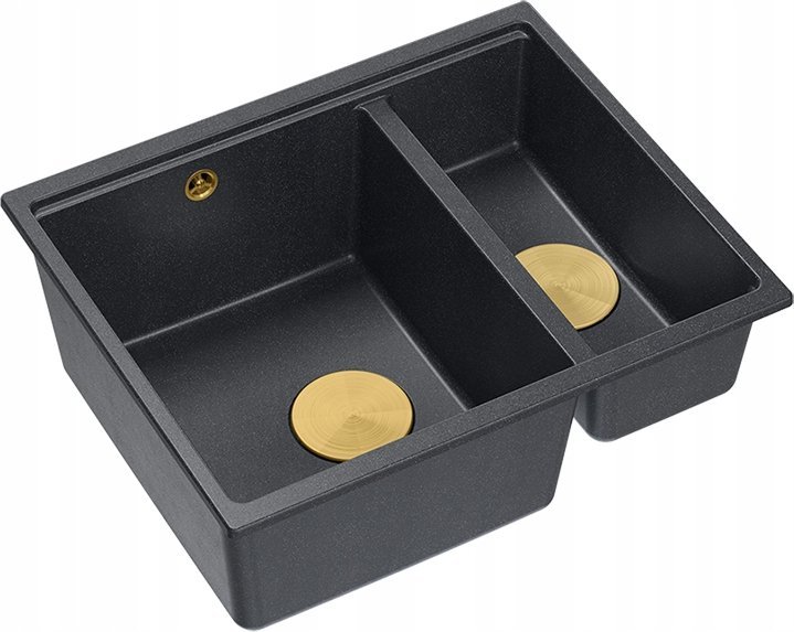 Zlewozmywak GraniteQ QUADRON | LOGAN 150 | granitowy zlewozmywak kuchenny CZARNY + ZŁOTO PVD | wymiary: 56 x 46 x 22 cm | 1,5-komorowy wpuszczany | po