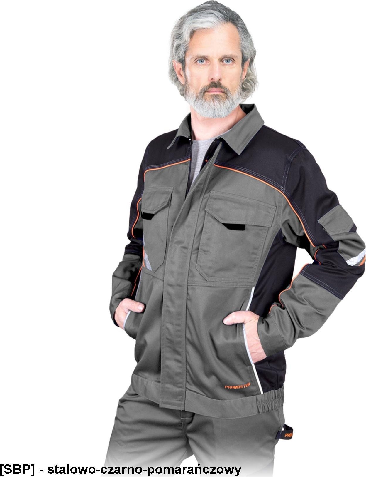 R.E.I.S. PROX-J - bluza ochronna PROX, zamek błyskawiczny, rękawy napy, wentylacja pachy, odblaski, 65% poliester, 35% - stalowo-czarno-pomarańczowy X