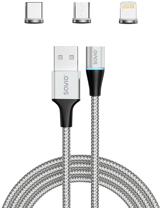 Kabel USB Savio USB-A - USB-C + microUSB + Lightning 1 m Srebrny (1_790966)