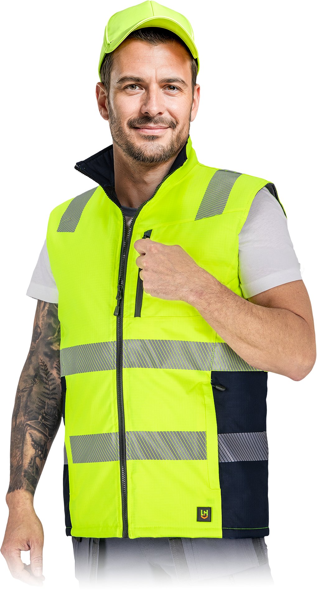 Męski bezrękawnik ochronny ocieplany tkanina rip-stop Oxford 300D powlekana poliuretanem podszewka poliestrowa żółto-granatowy LH-LASER XL