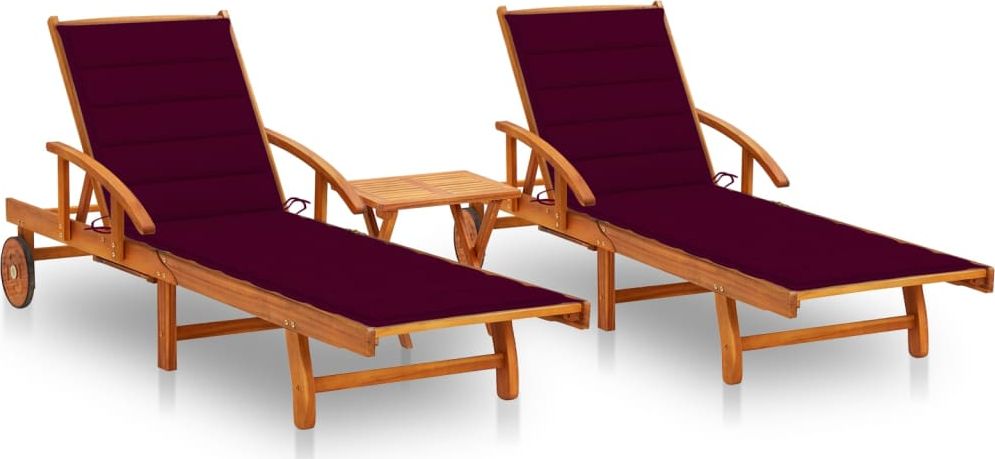 vidaXL Leżaki z poduszkami i stolikiem lite drewno akacjowe 2 szt.