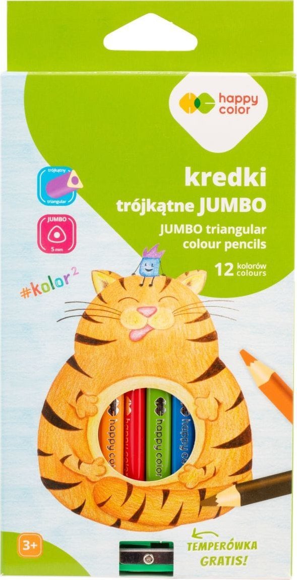 Kredki drewniane szkolne Jumbo trójkątne 12 kol. + temperówka KOLOR2