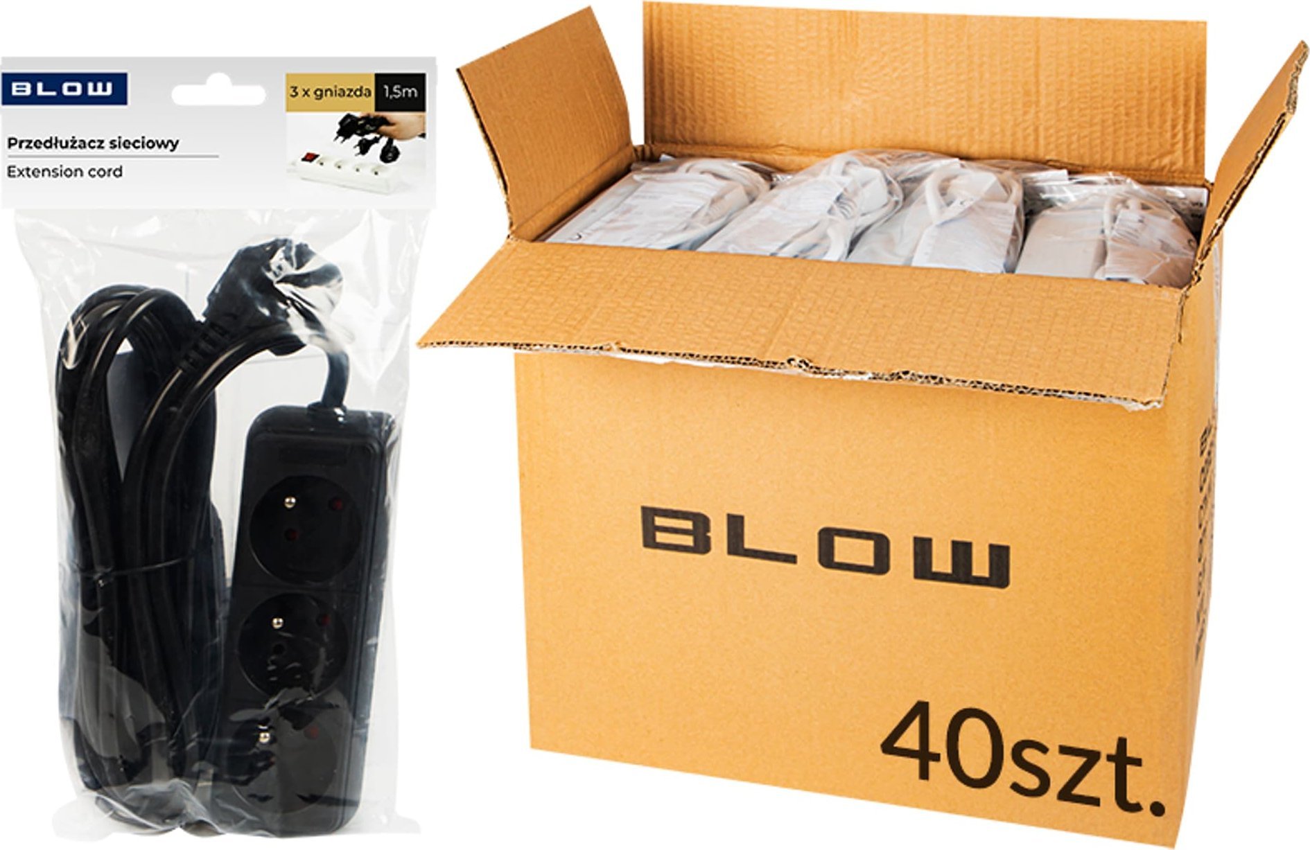 Blow 98-569# Przedłużacz sieciowy pr-370p 3-gniazda z uziemieniem 1,5m czarny 3x1,5mm opakowanie