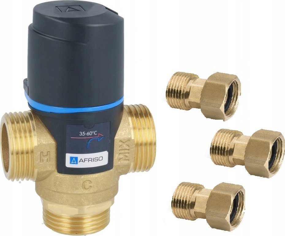Afriso ATM 563 zestaw - termostatyczny zawór mieszający + śrubunki przyłączeniowe (mieszanie boczne, DN20 G1"; 35 C - 60 C; Kvs = 2,5) 12 563 44