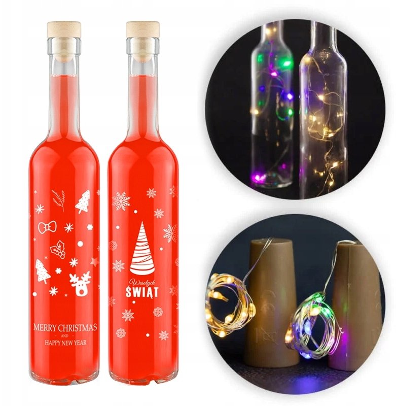 Butelka + KOREK LED Butelka Szklana Z NADRUKIEM ŚWIĄTECZNYM FUTURA 500ml