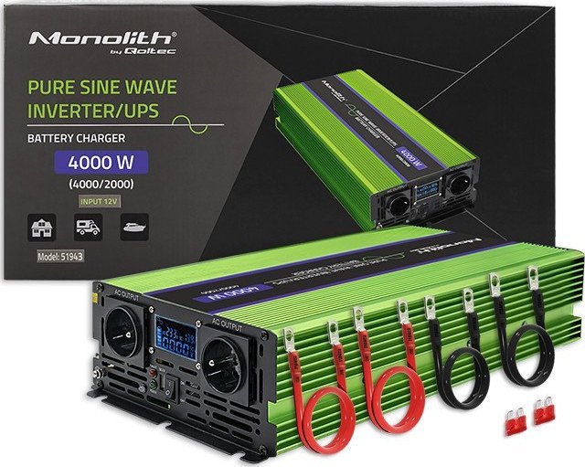 Przetwornica Qoltec Przetwornica napięcia Monolith | ładowanie baterii | UPS | 2000W | 4000W | 12V na 230V | Czysty Sinus | LCD