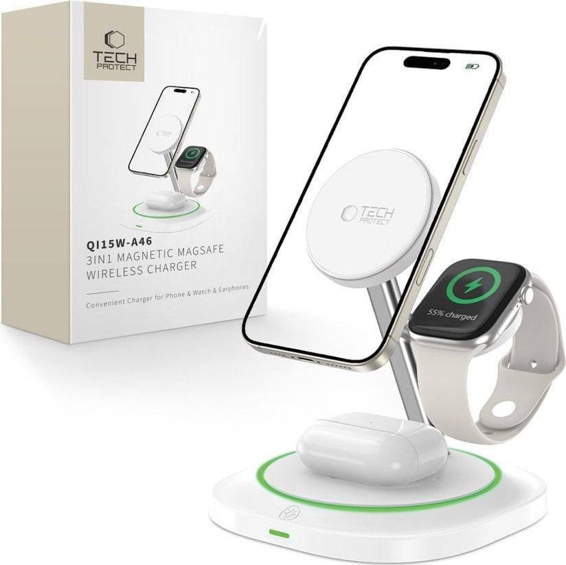 TECH-PROTECT QI15W-A46 3IN1 MAGNETIC MAGSAFE WIRELESS CHARGER WHITE standard