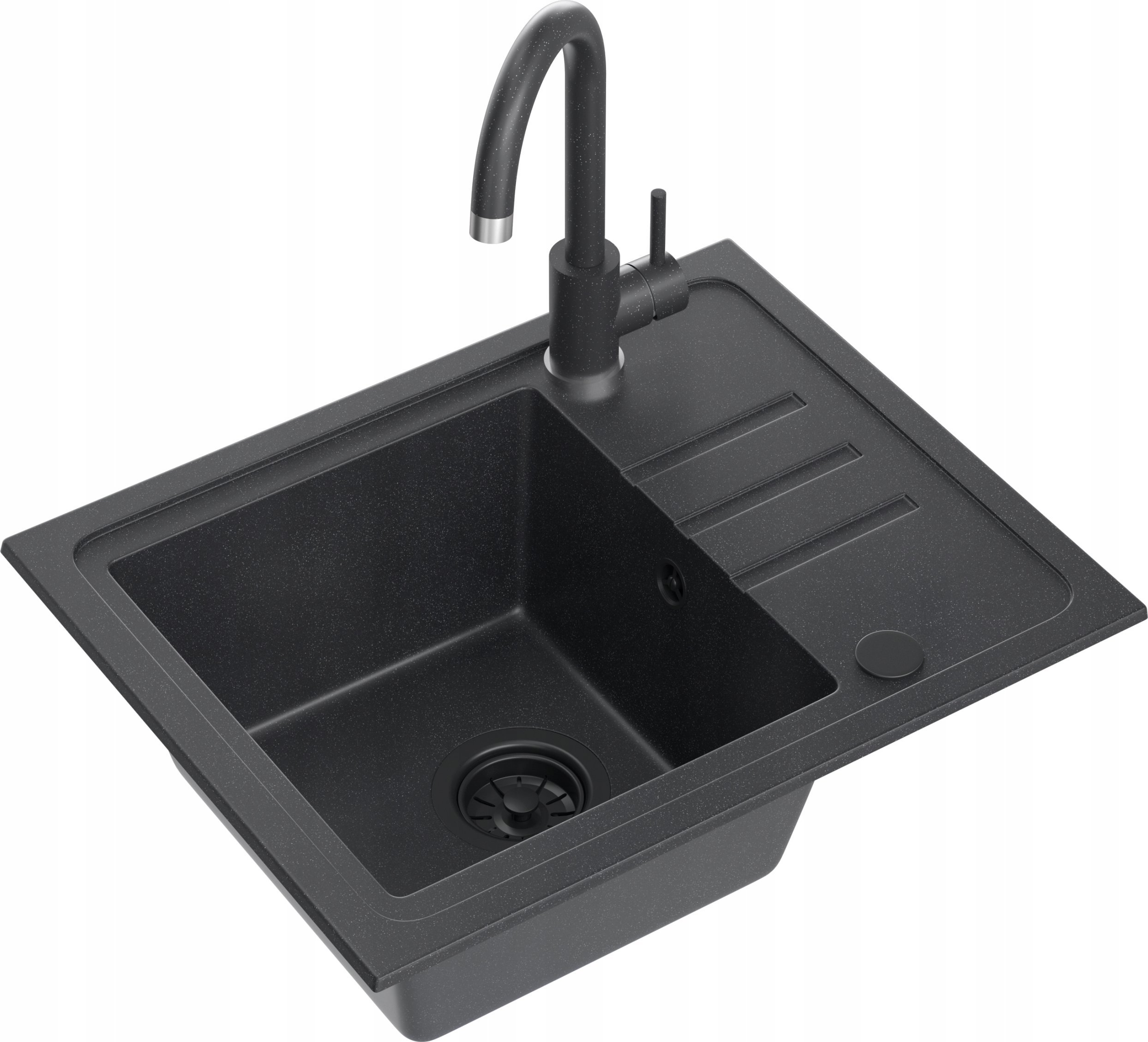 Zlewozmywak BEN 116 granitowy Black z czarnym syfonem i czarną zaślepką