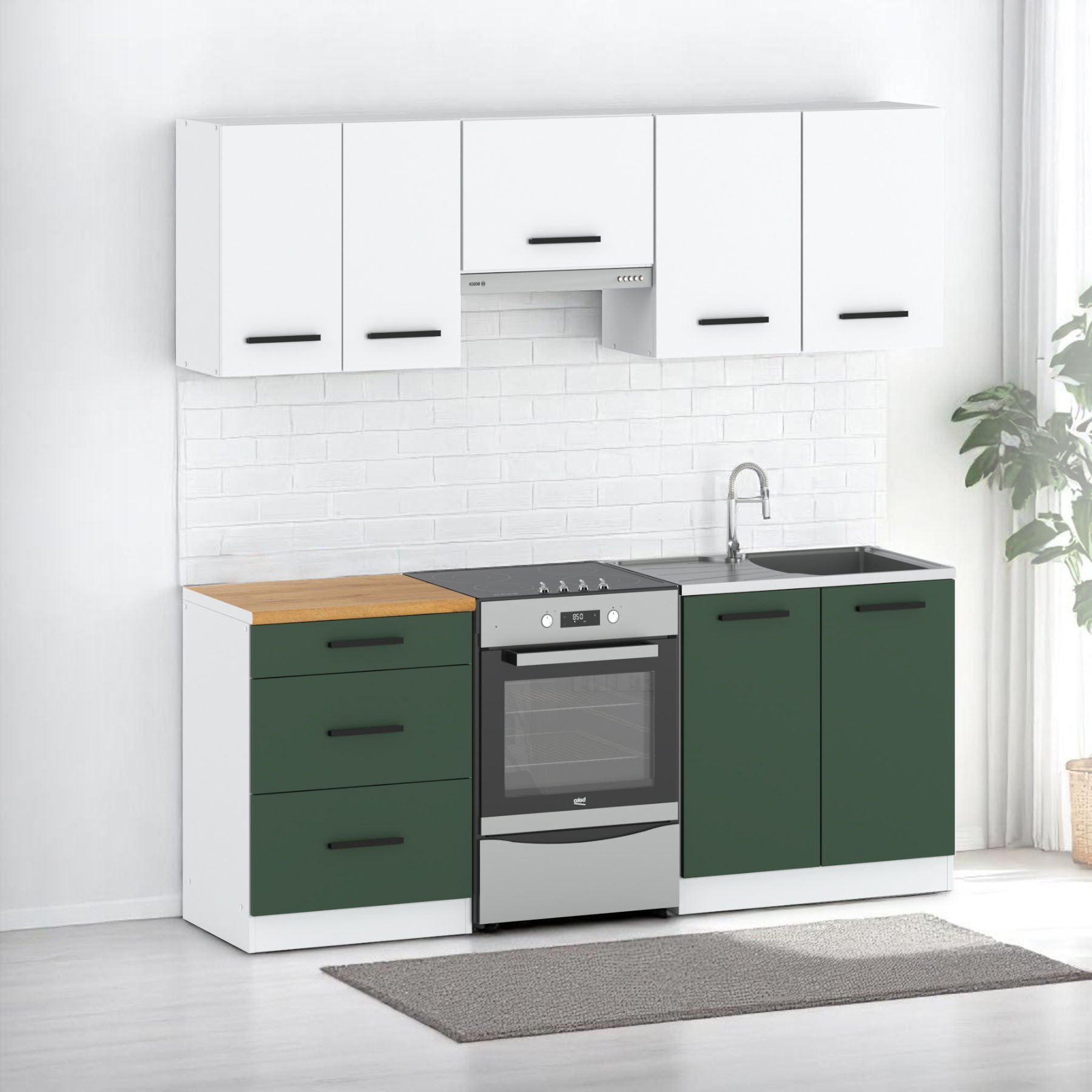 Kuchnia Modułowa Nowoczesna Mała Z Blatem 2m Biały Biały Butelkowa Zieleń