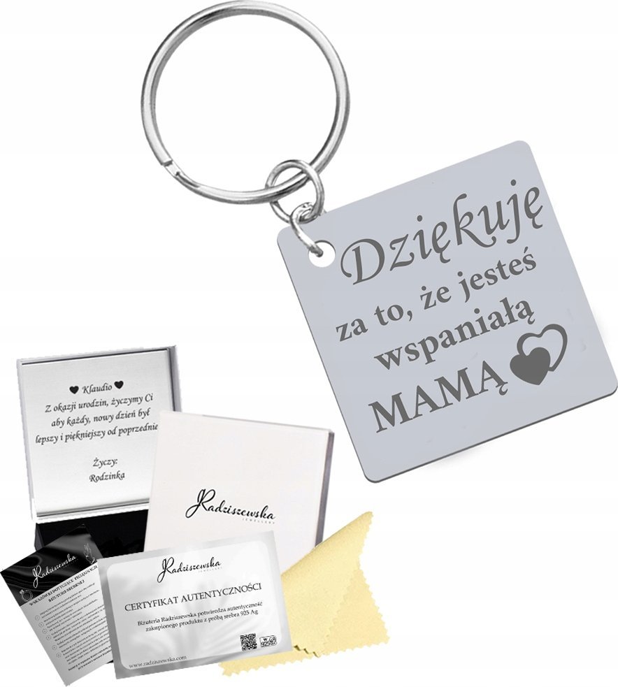 Radziszewska Jewellery Brelok dla Mamy Imię Dziecka DZIEŃ MATKI Prezent Kobieta ŻYCZENIA GRATIS