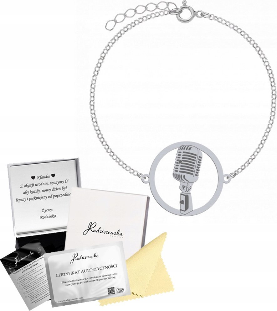 Radziszewska Jewellery Bransoletka Srebrna Mikrofon Łańcuszek 925 Prezent Biżuteria GRAWER GRATIS