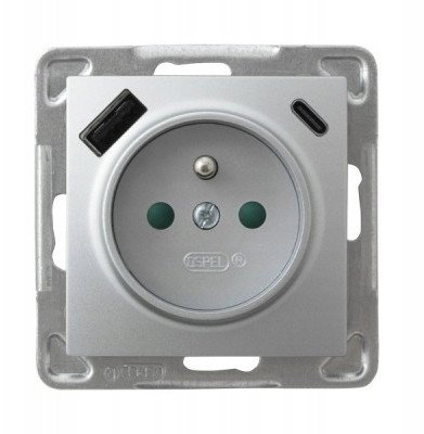 Gniazdo pojedyncze Ospel Impresja GP-1YZPUSBAC/m/18 z uziemieniem z przesłonami torów prądowych z ładowarką USB A+C 250V 16A IP20 Srebrny