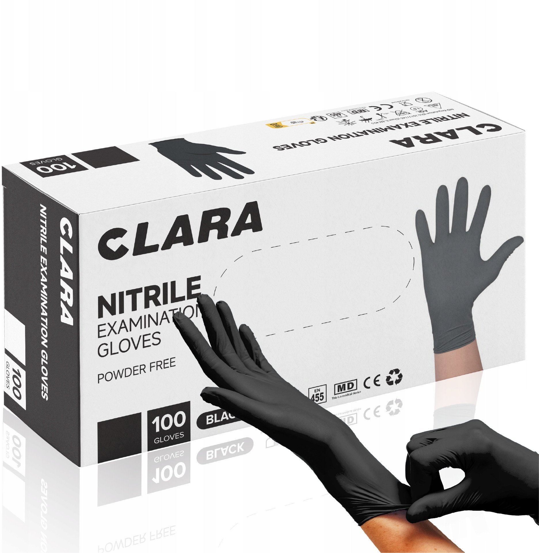 Rękawice nitrylowe bezpudrowe CLARA, 100 szt., rozmiar L, czarne