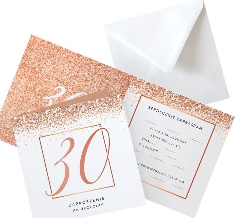 ZAPROSZENIA na 30 urodziny Rosegold Confetti 10szt (+koperty)