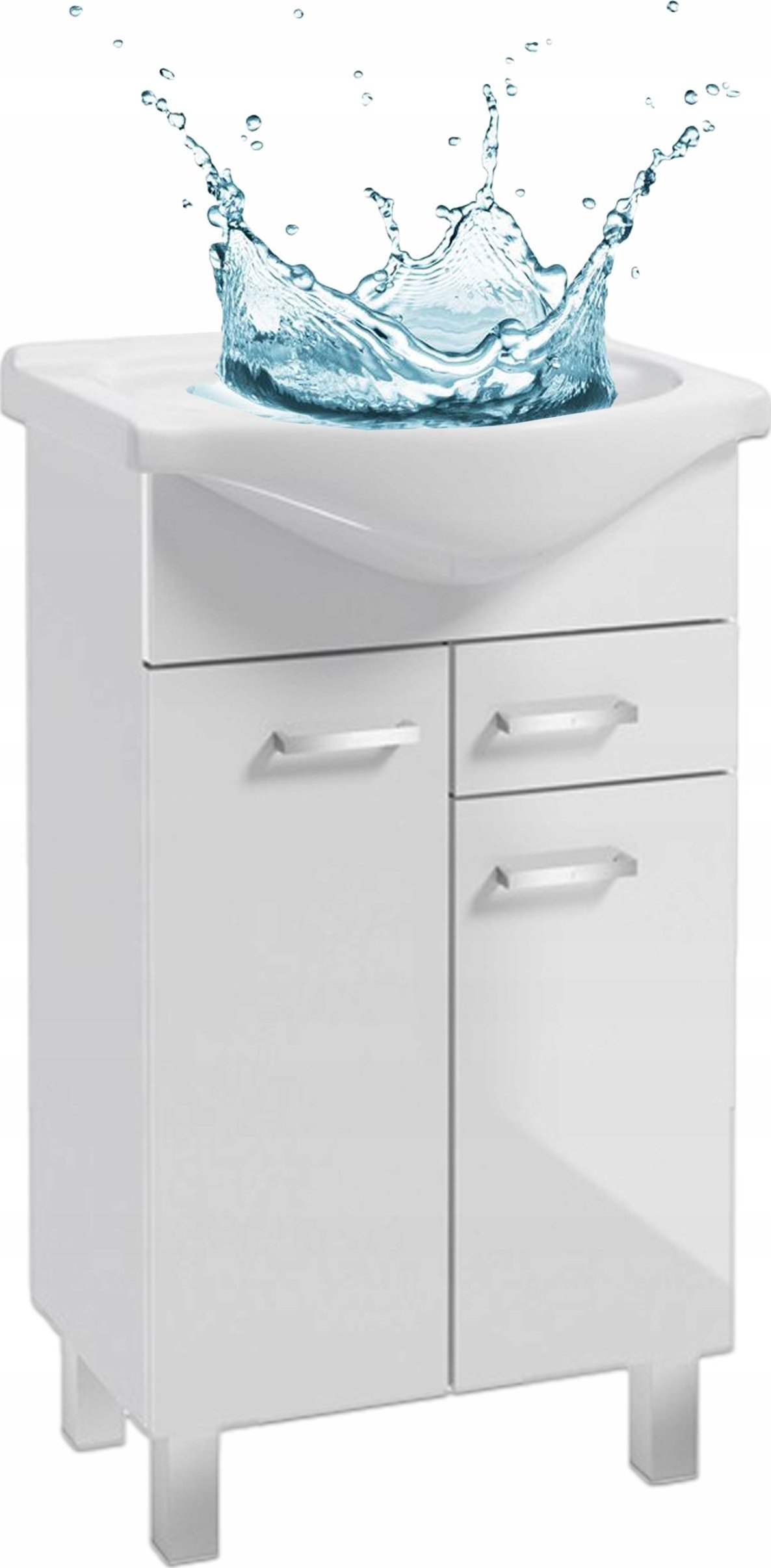 Deftrans Szafka Łazienkowa Biała Lakier Stojąca z Umywalką MEA 55 Metalowe Uchwyty