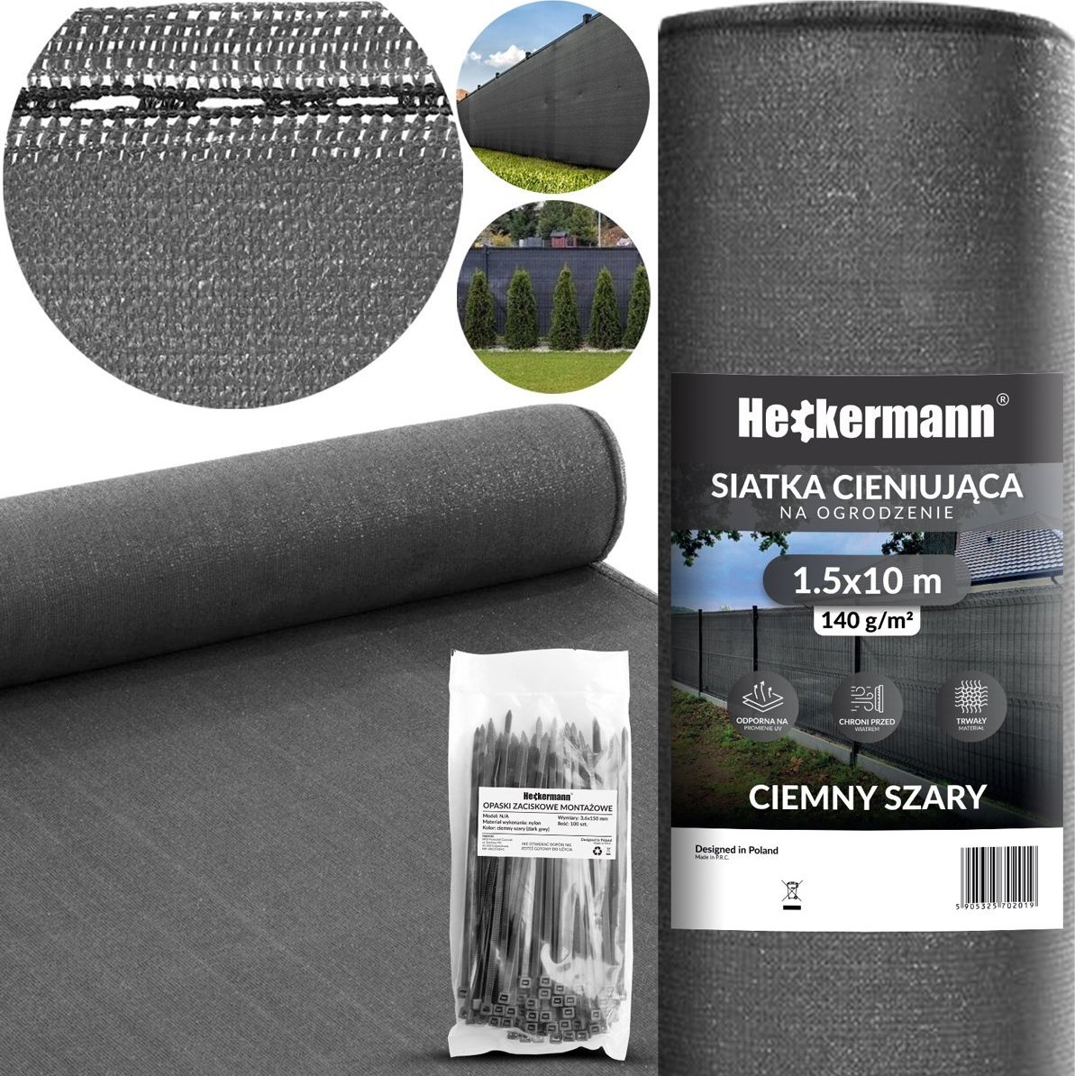 Heckermann Zestaw Siatka cieniująca 1,5x10m Heckermann - Szara + Opaski zaciskowe Heckermann 100szt - Szare