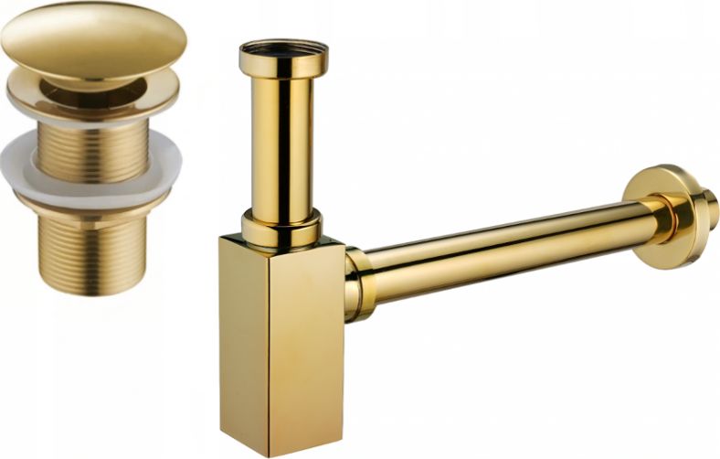 Syfon Mexen Mexen półsyfon umywalkowy kwadratowy z korkiem klik-klak, bez przelewu, złoty - 7991060-50