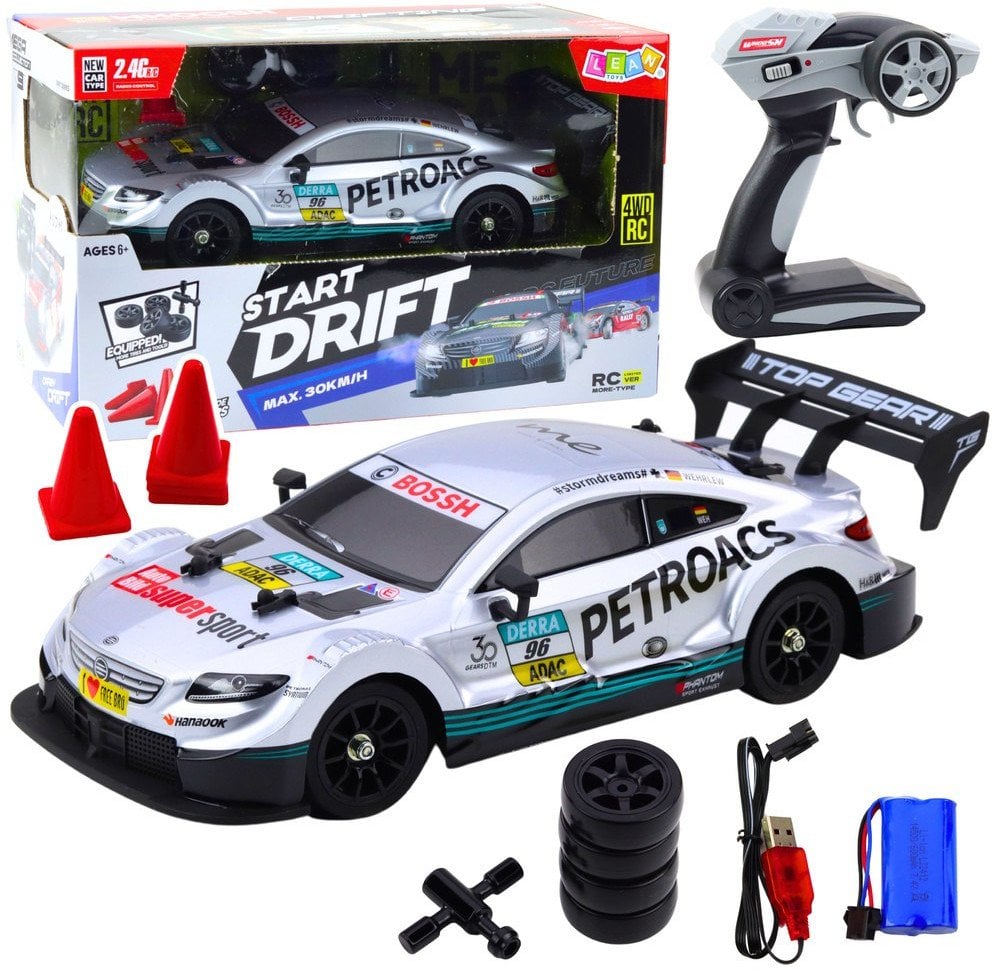 Samochód Wyścigowy Auto Do Driftu RC Srebrne 30km/h 1:16 LEAN Toys
