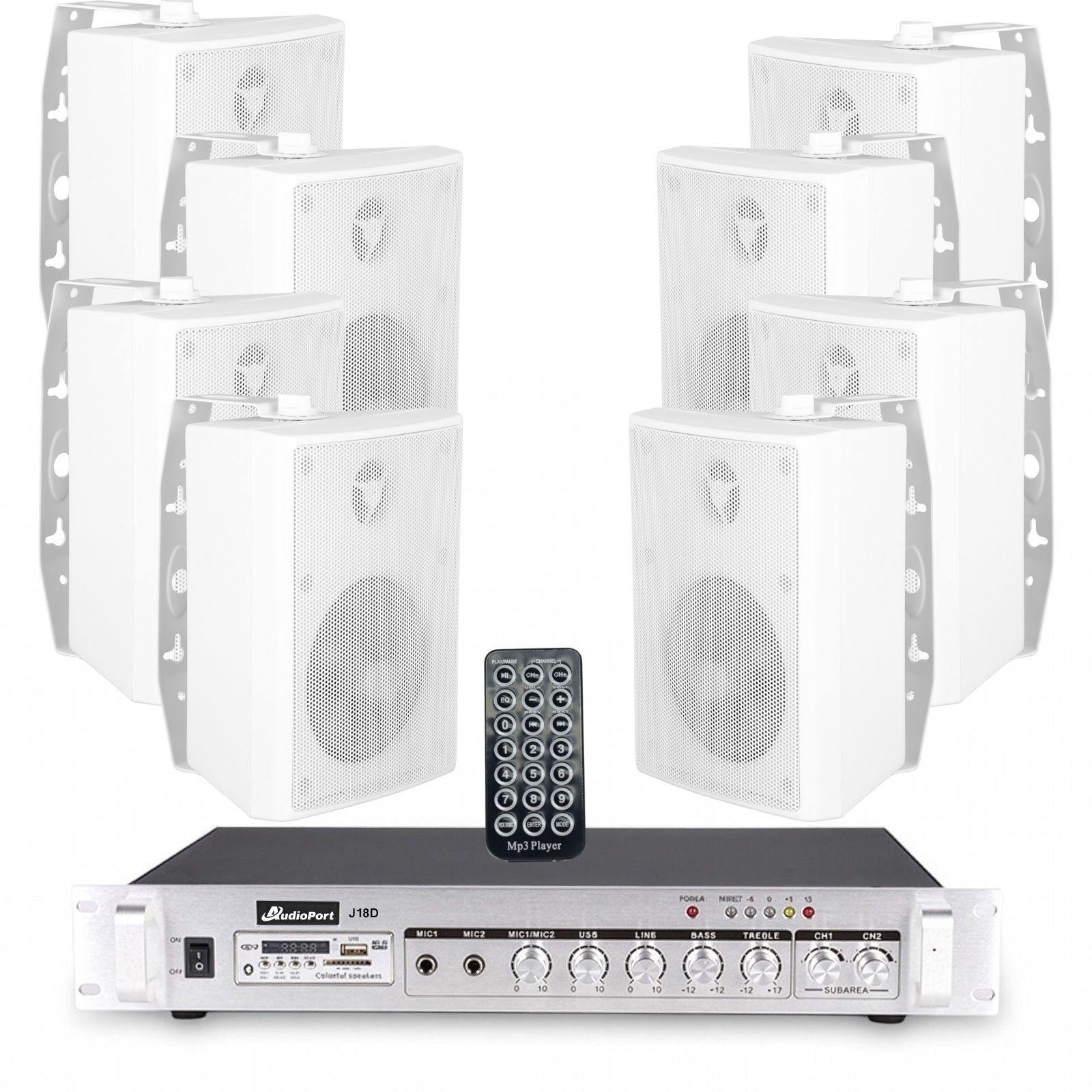 Zestaw białych głośników naściennych 8x 4'' z 2-strefowym wzmacniaczem one size