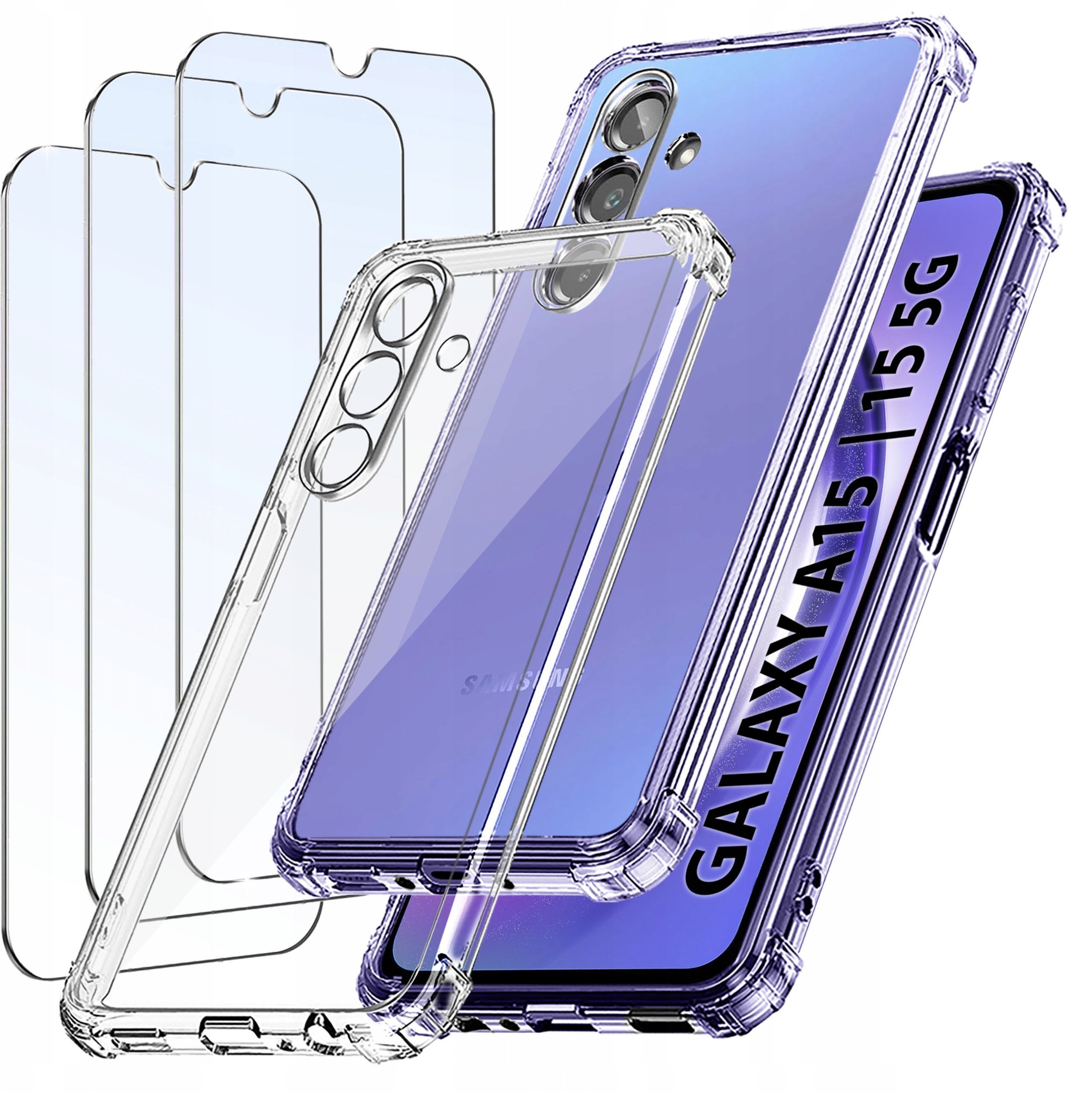 ZESTAW Etui do Samsung A15 5G ANTI-SHOCK CLEAR WZMACNIANE + 3 SZTUKI SZKŁO