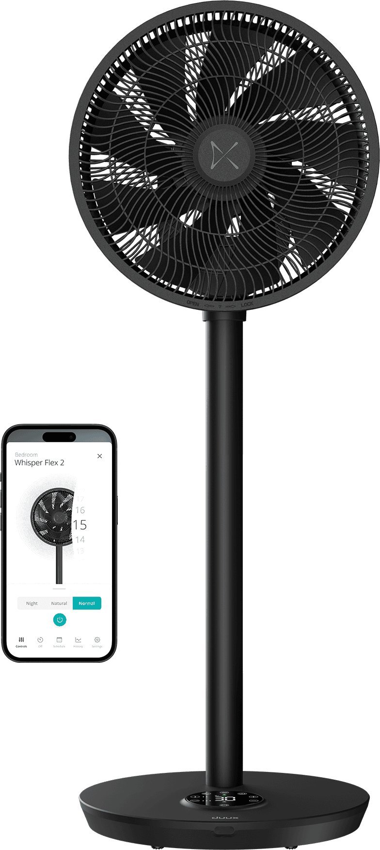Duux Fan | Whisper Flex 2 | Stand Fan | Black | Diameter 34 cm | Number of speeds 30 | Oscillation | 2-21.5 W | Yes