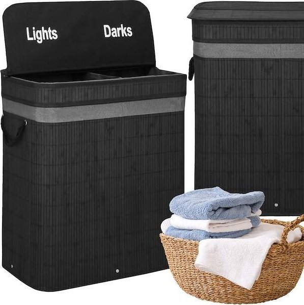 Kosz na pranie Springos Kosz na pranie 100L z pokrywą czarny bambus dwukomorowy UNIWERSALNY