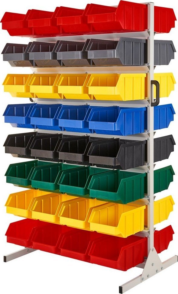 qBox Regał do pojemników warsztatowych, dwustronny. Wym: 1610x940x650mm 64 pojemniki (Regał z pojemnikami)