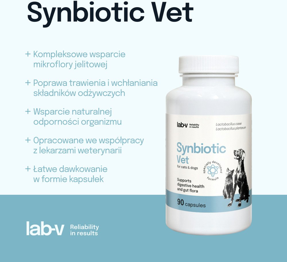 LAB-V Synbiotic Vet Wsparcie zdrowia układu pokarmowego i mikroflory jelitowej dla psów i kotów 90 kapsułek