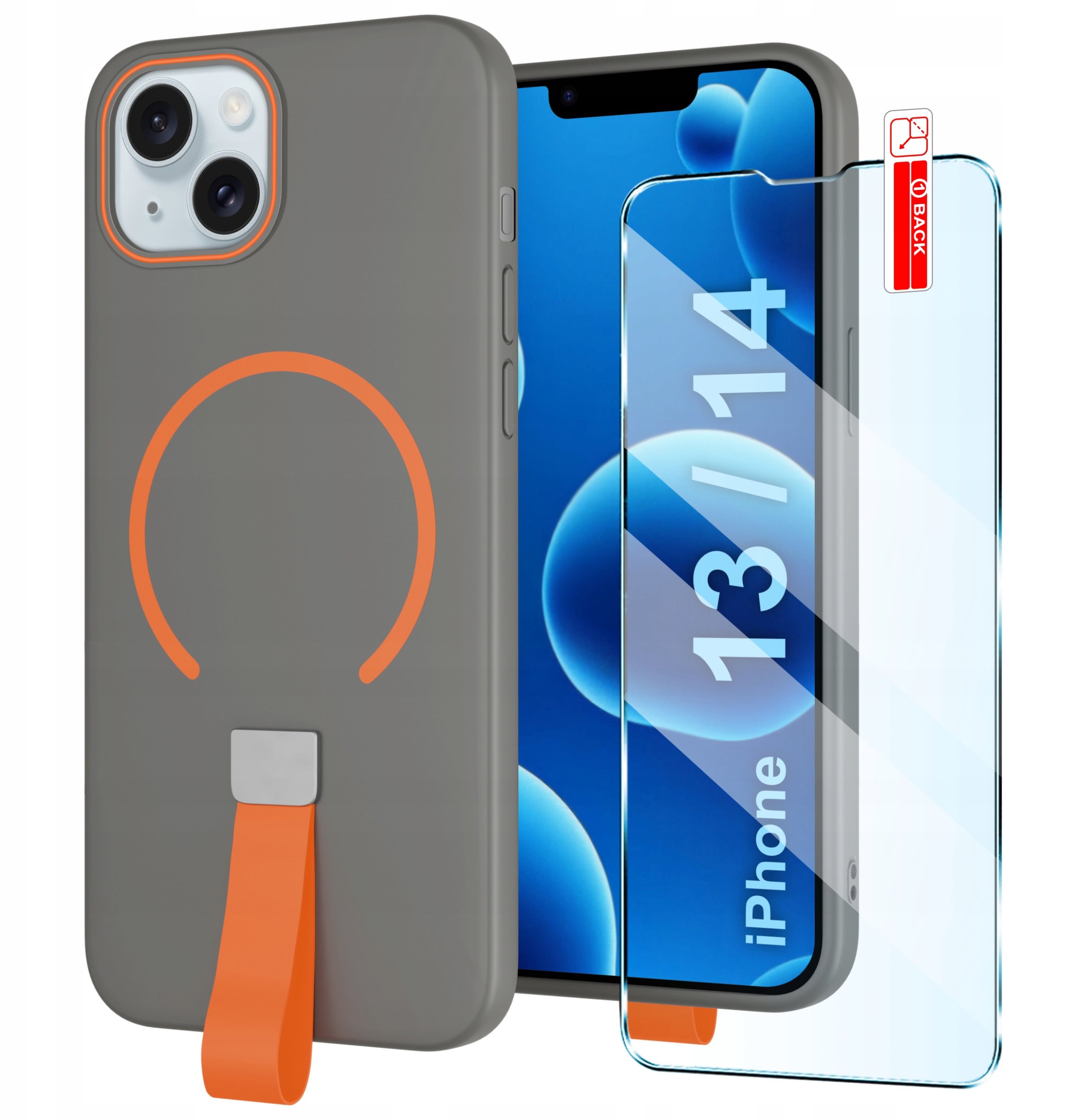 Etui z Paskiem na palec Matowe SZARE do iPhone 13 | 14 |do MagSafe +Szkło