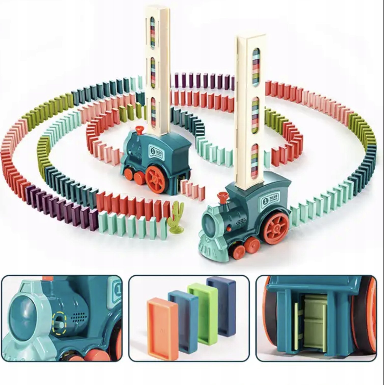 Interaktywny Pociąg, Kolejka układająca Domino dla Dzieci - Niebieska 200 klocków