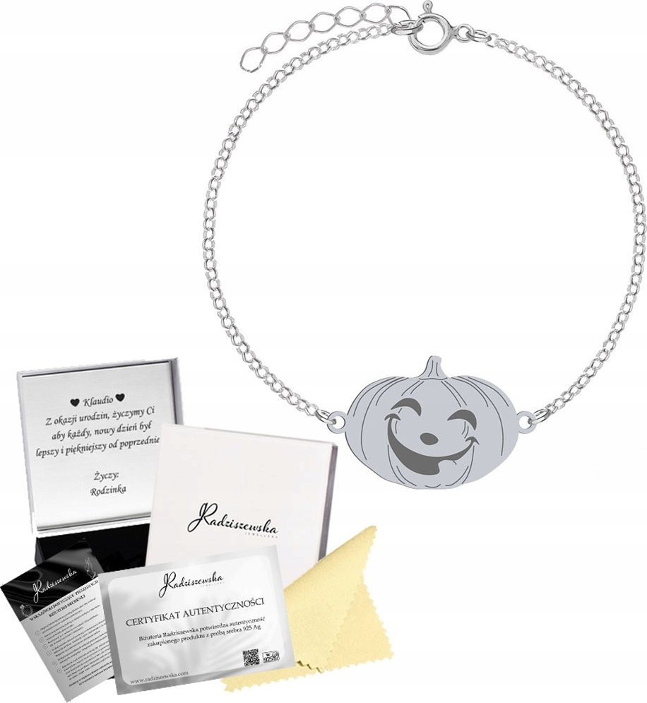 Radziszewska Jewellery Bransoletka Srebrna Dynia Halloween 925 Łańcuszek Prezent GRAWER ŻYCZENIA