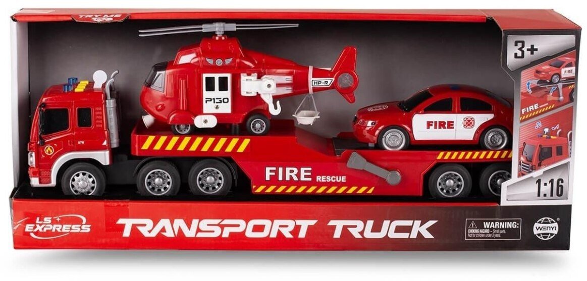 Laweta straży pożarnej z helikopterem i samochodem