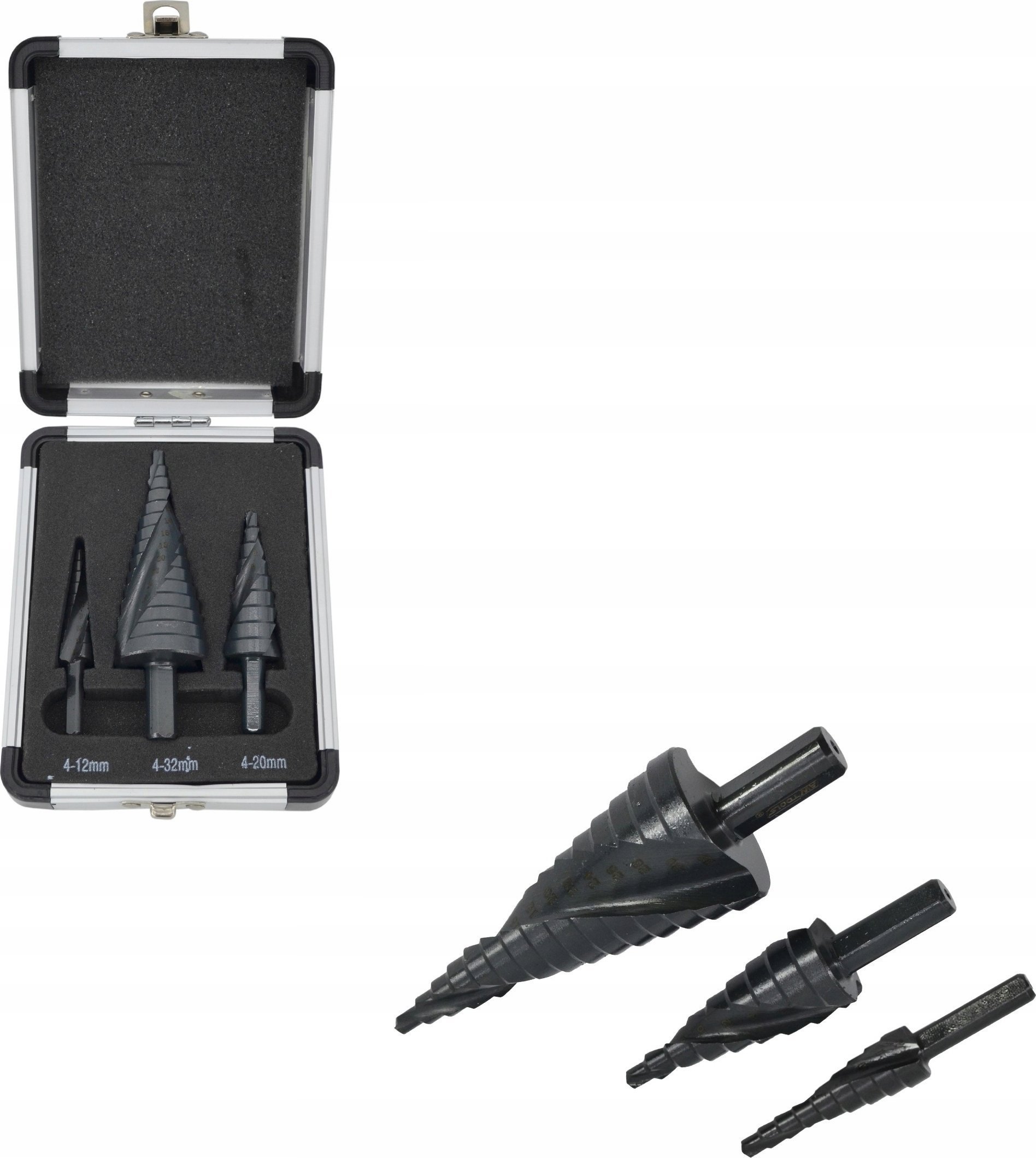 Wiertło AWTools AW WIERTŁO STOPNIOWE SPIRALNE KPL. 3szt./ 4-12 4-20 4-39mm/ AICrN/ CZARNE/ ETUI PLASTIK.