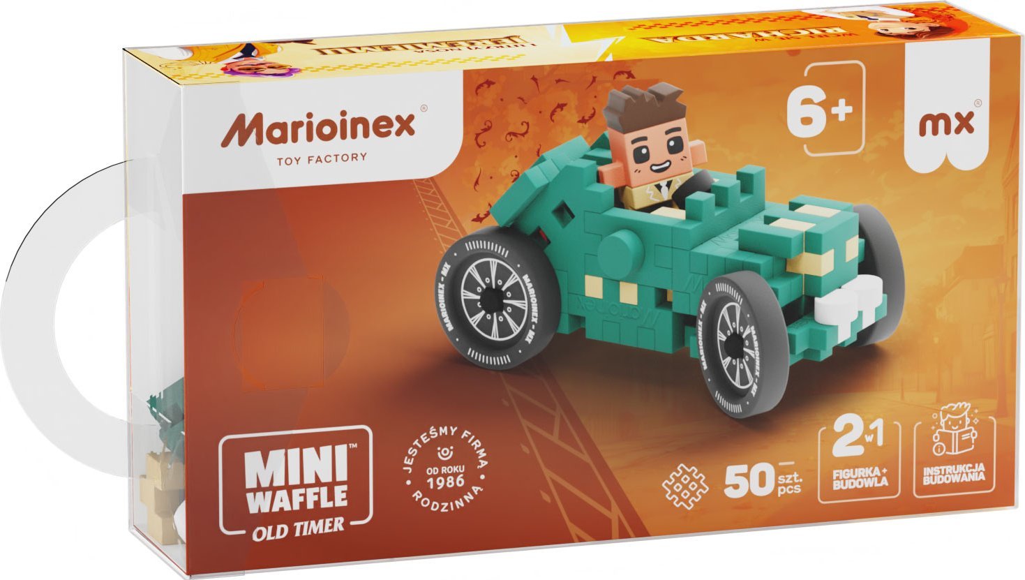 Marioinex Klocki Mini Waffle Autka 50 elementów Autko Wycigowe Turkusowe