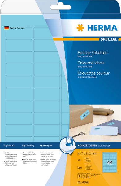 Herma Etykiety kolorowe 4368, A4, 45,7 x 21,2 mm, papier matowy niebieski, 960 szt (4368)