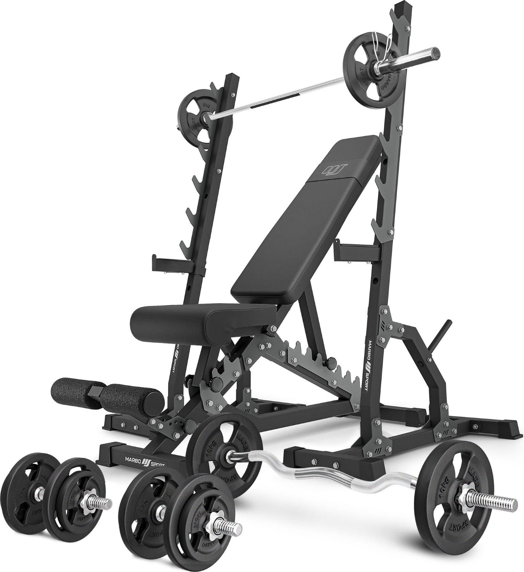 Zestaw MS24_2.0_83KG | Ławka dwustronna + wielopoziomowe stojaki (2 sztuki) + zestaw gryfów i obciążeń 83 kg - Marbo Sport