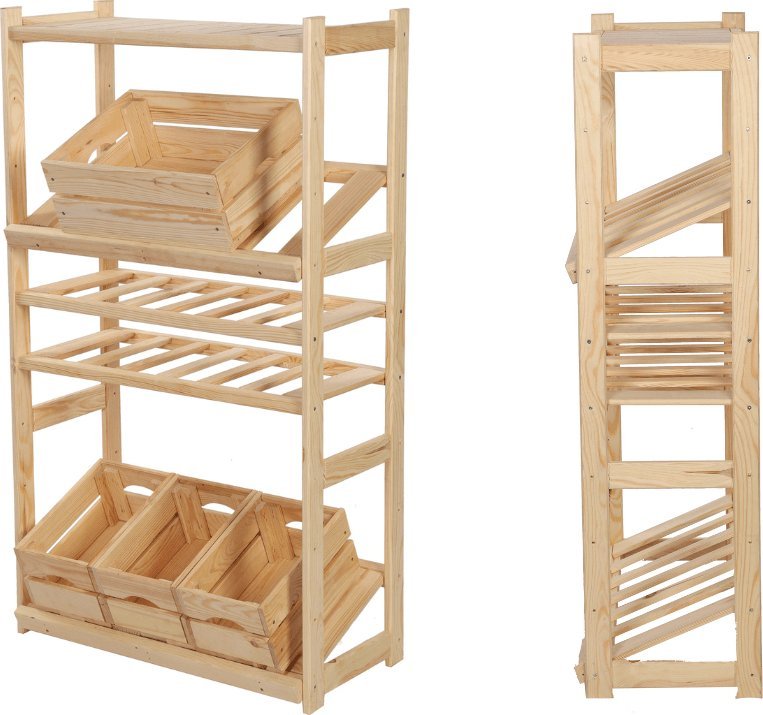 Wamar-Sosenka Regał drewniany do spiżarni LSR P1W2S2 Naturalny Półki proste 1 szt, Półki na wino 2 szt, Półki na skrzynki 2 szt Drewno sosnowe