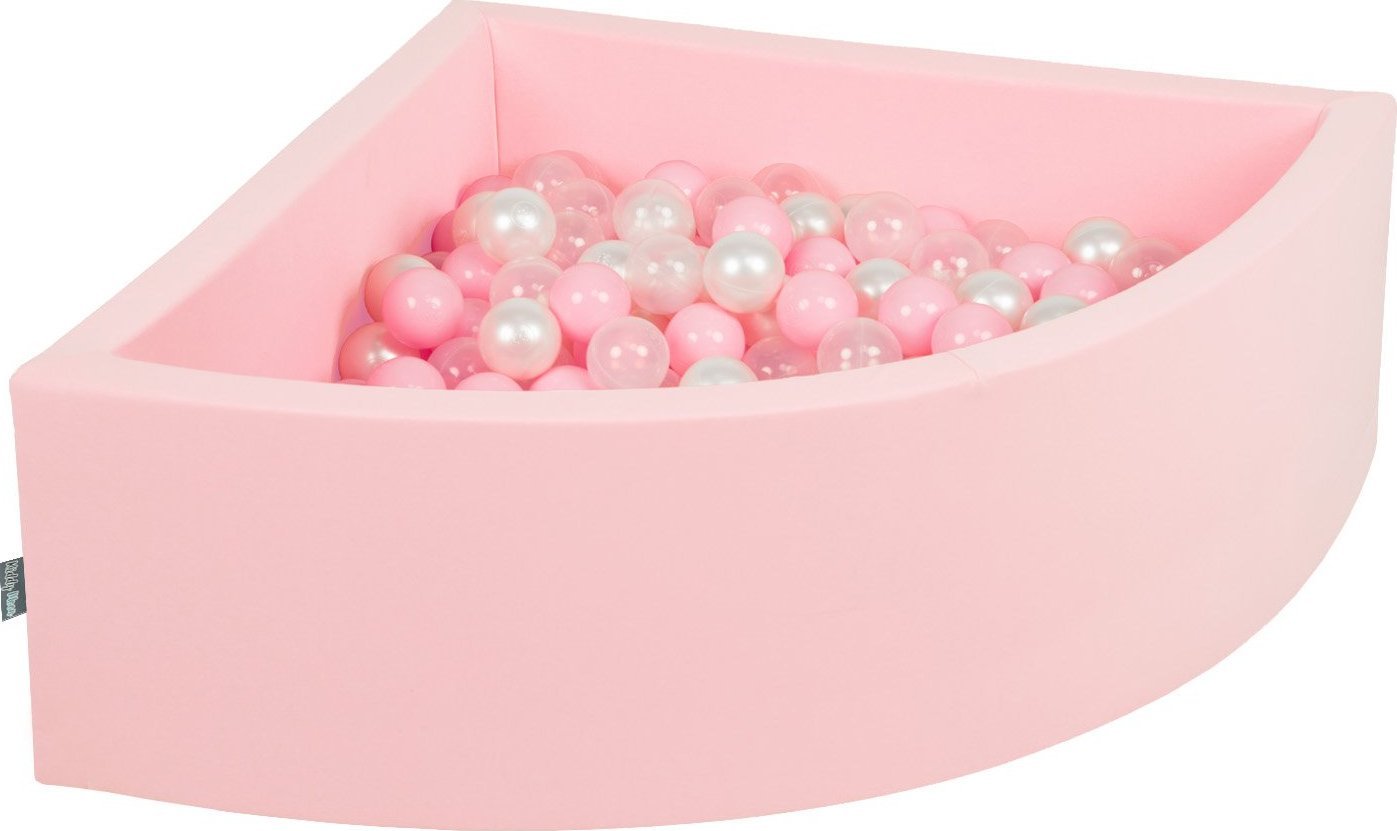 KiddyMoon KiddyMoon Suchy basen trójkątny z piłeczkami 7cm różowy: pudrowy róż-perła-transparent 90x30cm/200piłek Zabawka basen piankowy
