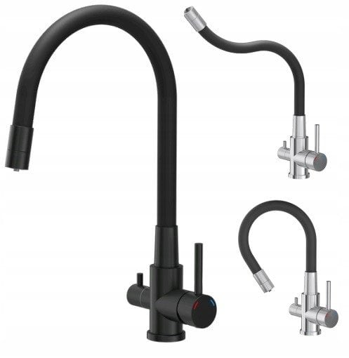 AGNES SteelQ stalowa bateria kuchenna trójdrożna z elastyczną wylewką, pure carbon