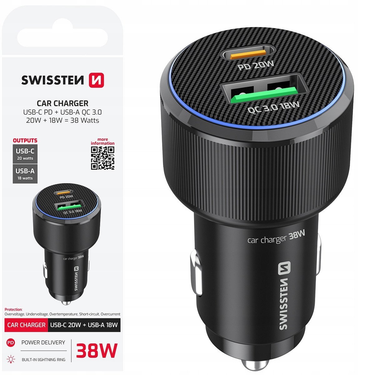 Swissten Car Charger USB-C PD / USB 38W