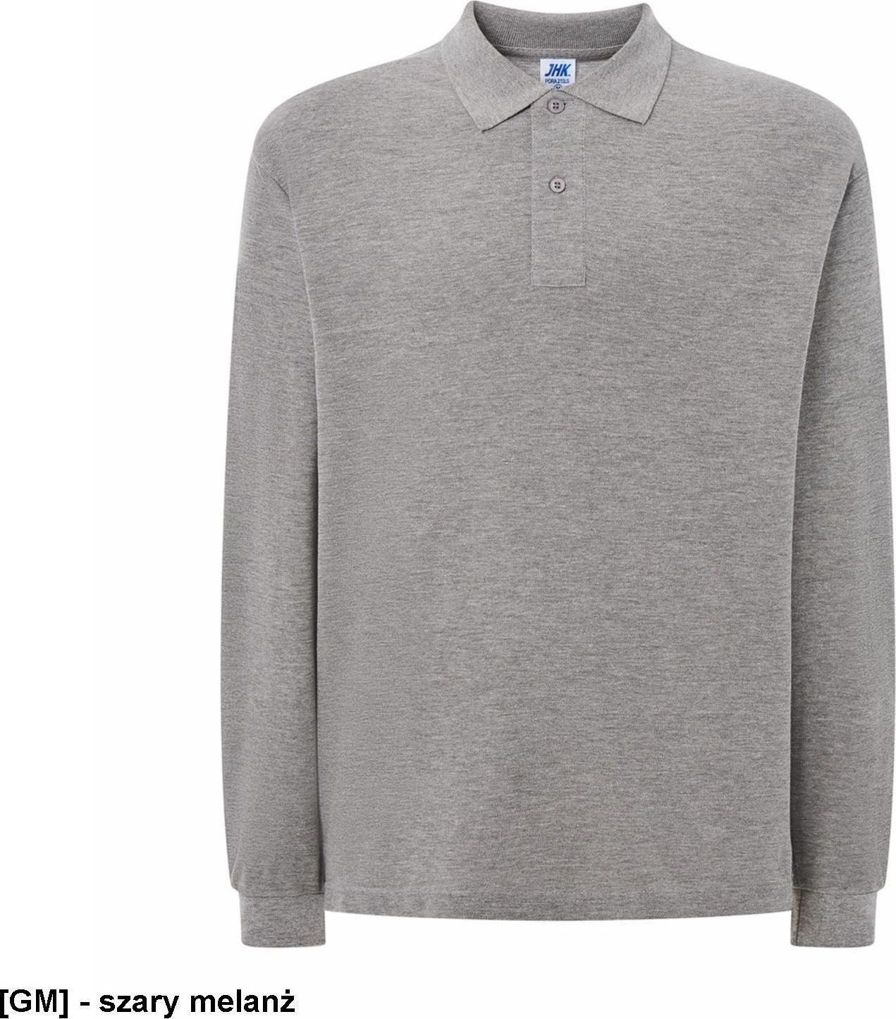 JHK PORA210LS - polo męskie długi rękaw, dwa guziki, boczne rozcięcia, dłuższe na pleach, 100% bawełna 200 - 210g - szary melanż 2XL