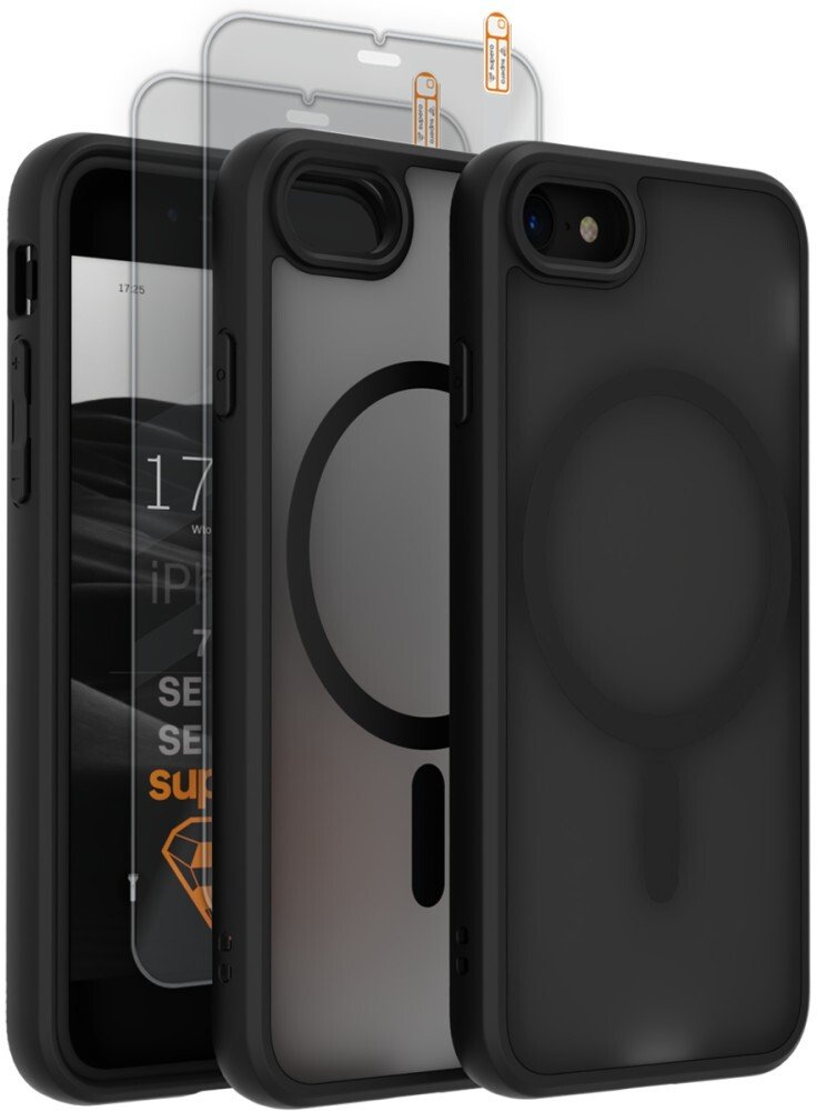 SUPERO Etui matowe Magmat MagSafe do iPhone SE 2022 / SE 2020 / 8 / 7, czarne + 2 szt. szkła