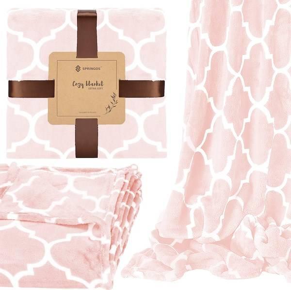 Springos Narzuta na łóżko, pled 150x200 cm, koc na kanapę różowy marokańska koniczyna UNIWERSALNY